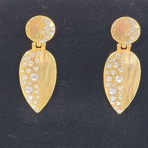 Gold Tone Pierced Earrings Dangle Long Door Knocker Statement Chunky Rhinestone‎